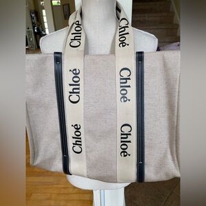 Chloe Large Woody Canvas Tote Bag -Beige Canvas with and Dark Navy Leather Trim
